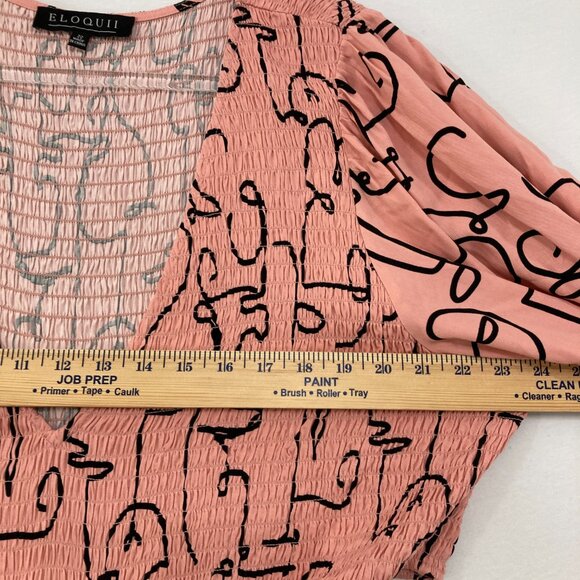 New Eloquii size 22 Pink Black Abstract Smocked Bodice Cut-out Midi Dress - Picture 8 of 11